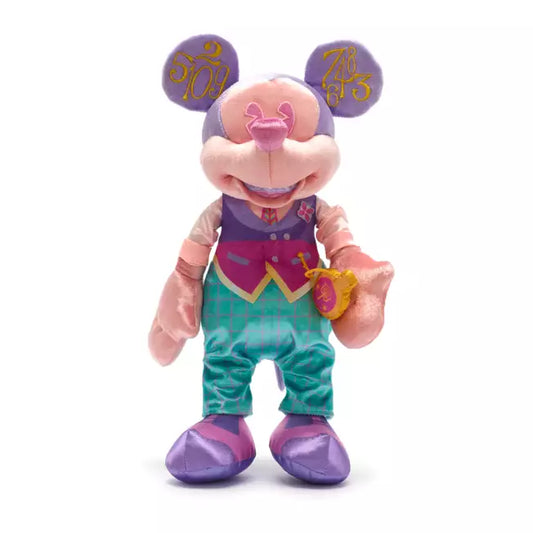 Mickey Mouse inspired by It's A Small World from Disney with purple ears and a colorful outfit on a white background