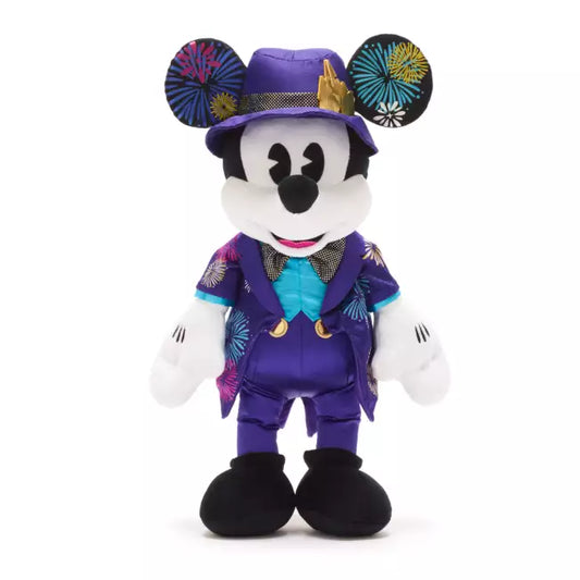 Mickey Mouse is in a purple outfit with decorative hat on a white background