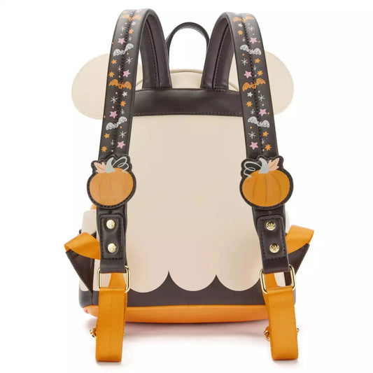Backpack with pumpkin design on straps against a white background