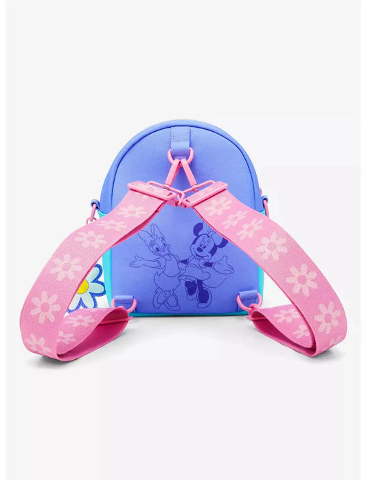 Backpack view with pink straps and Minnie Mouse and Daisy Duck design on a white background