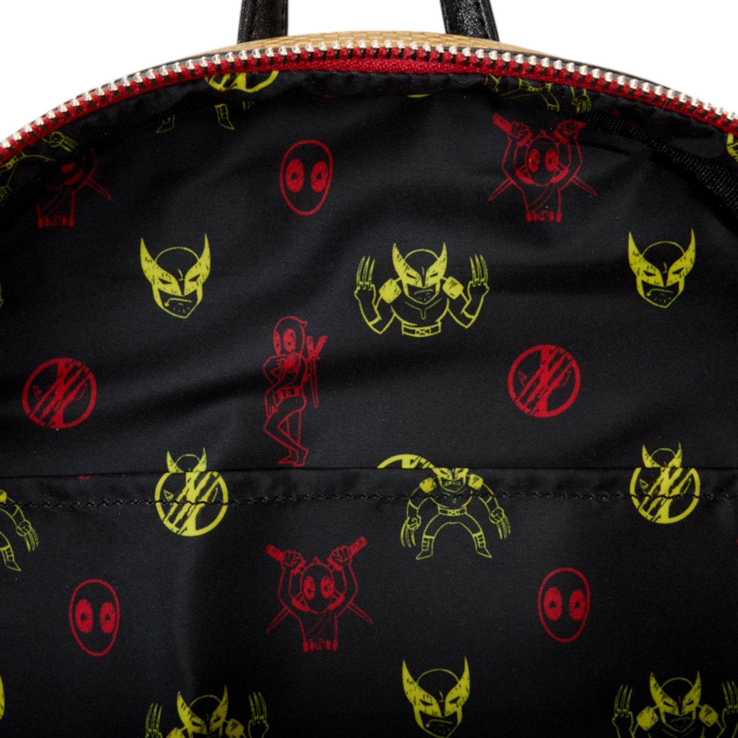 Close-up of a black Deadpool & Wolverine bag with colorful Deadpool & Wolverine logos on a black background