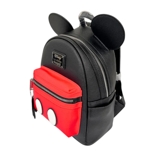 Black Mickey Mouse Suit backpack with red pocket and Mickey Mouse ears on a white background