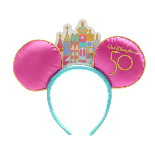 50th Mickey Mouse Main Attraction It's a Small World Clock Headband Ears with castle design and 'Walt Disney World 50' text on a white background