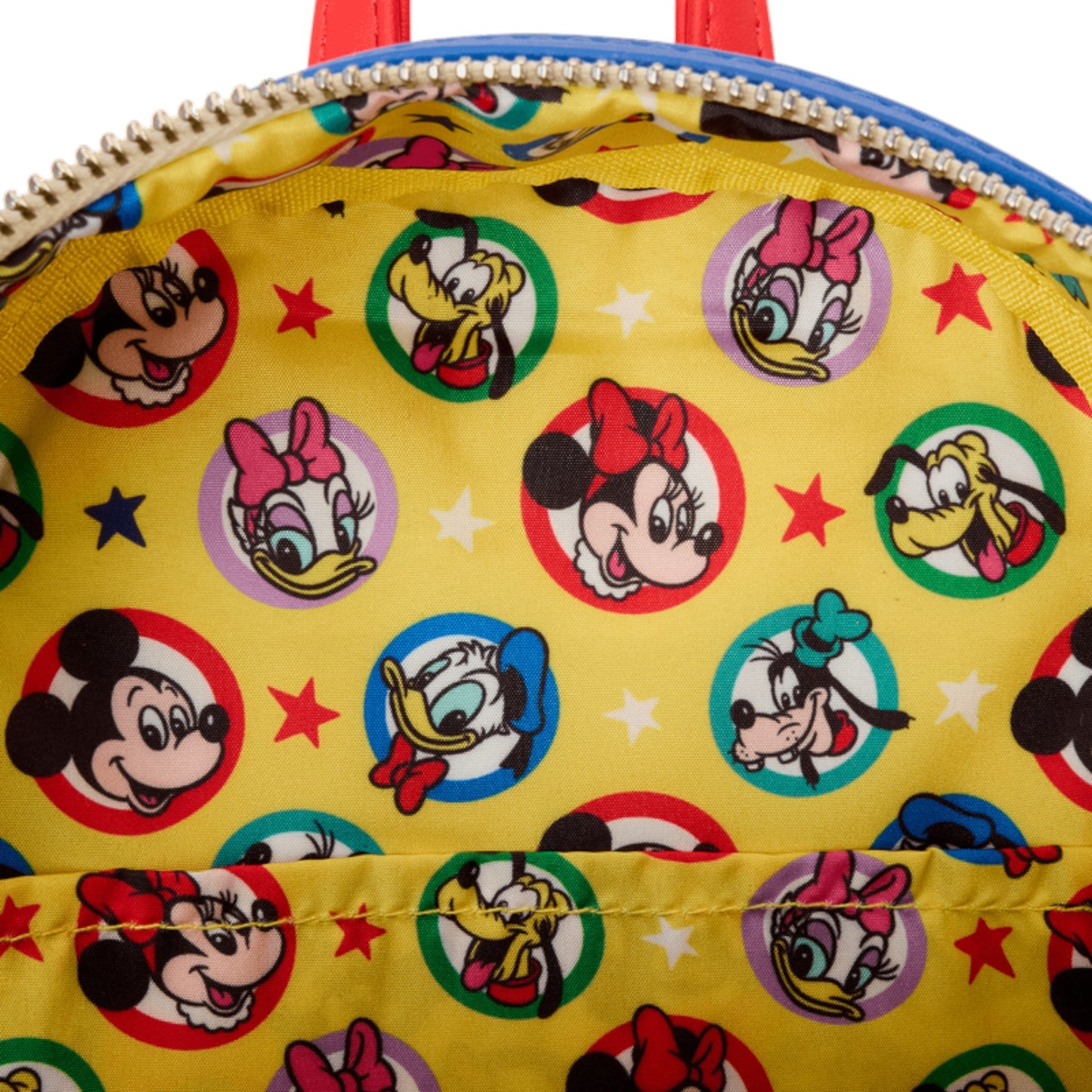 Mickey and Friends Classic Ear Holder Mini Backpack Combo with mickey and Friends characters and colorful design on a white background Backpack with mickey and friends character patterns on a yellow background