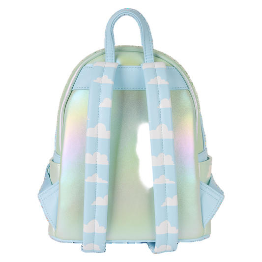 Back view of Mickey & Friends Hot Air Balloon Mini Backpack with cloud pattern on a white background