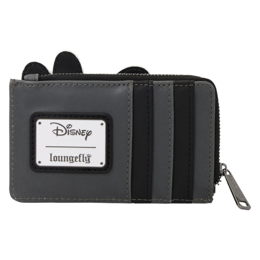 A dark gray zippered wallet featuring black cat-ear details on top and a white front patch with the Disney and Loungefly logos.
