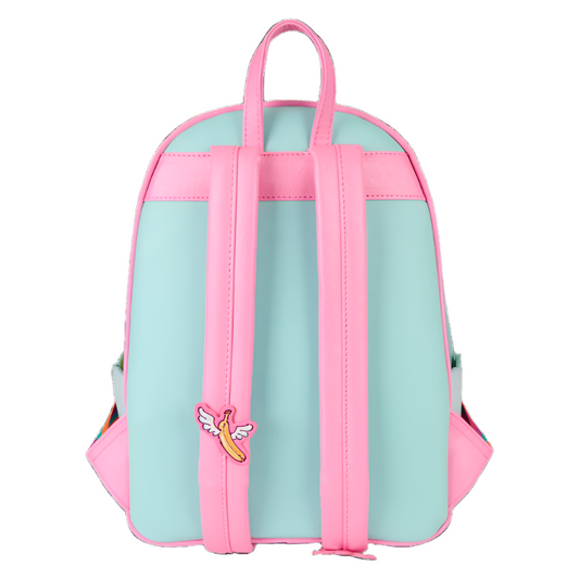Backpack with pink straps and a small colorful design on a white background
