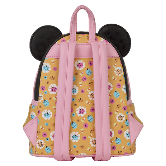 Backpack with floral pattern and black Minnie Mouse ears on a white background
