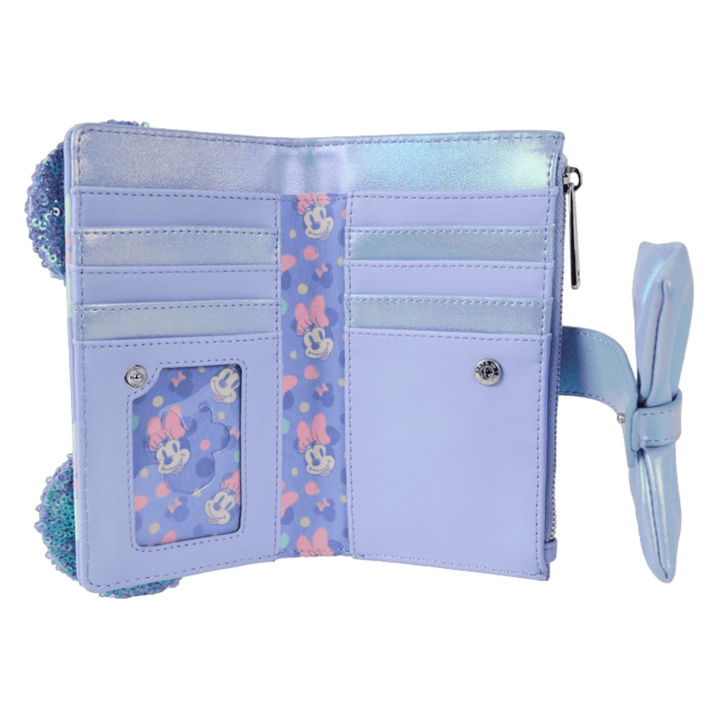 Light blue wallet with decorative minnie mouse interior and a detachable strap on a white background