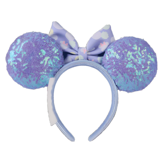 Lavender mouse ear headband with sequin details on a white background