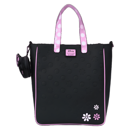Black tote bag with pink polka dot handles and floral designs on a white background