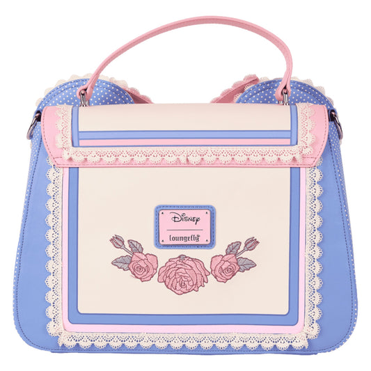 Minnie Mouse crossbody bag with floral design and Disney Loungefly logo on a white background