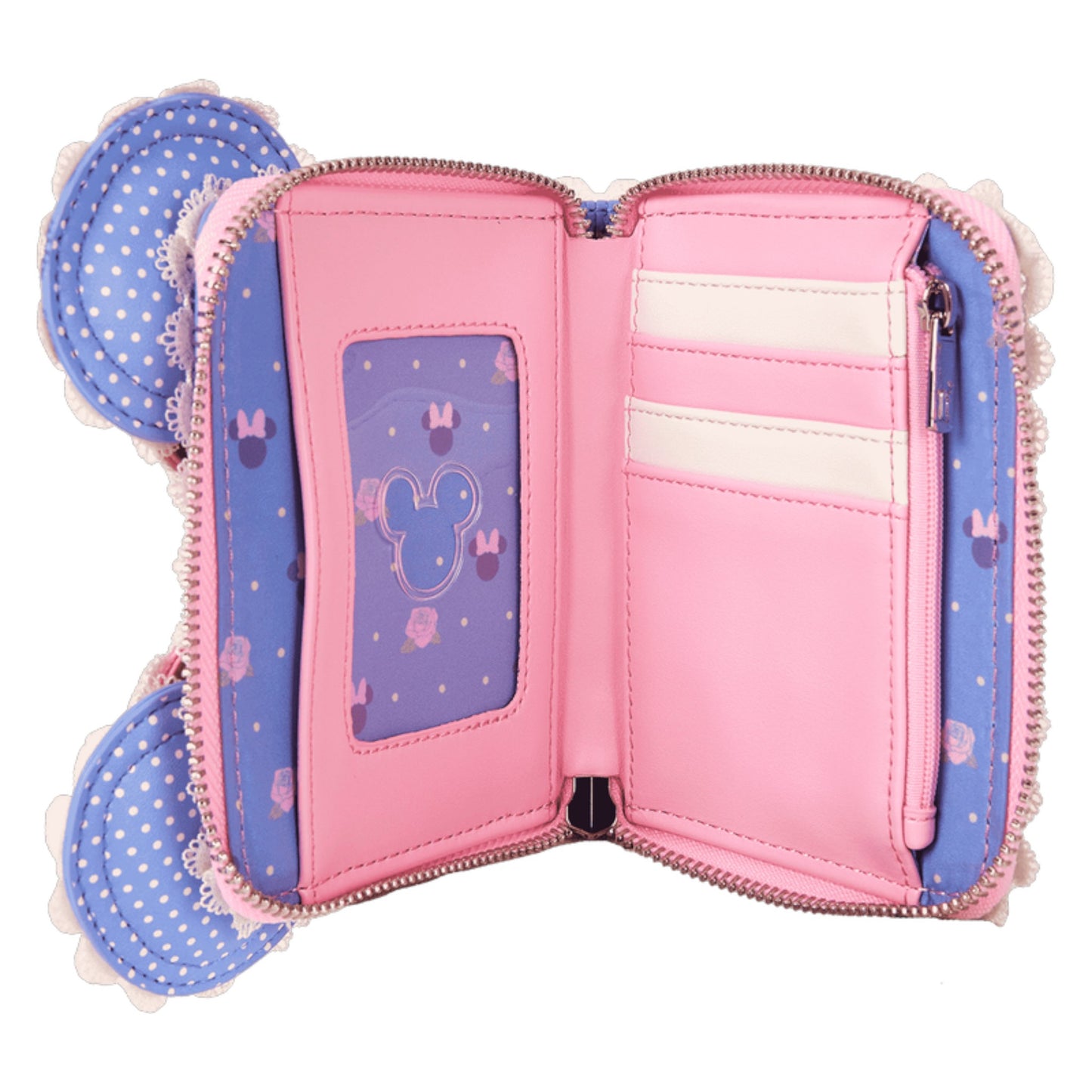 Pink and blue wallet with minnie mouse head character design on a white background