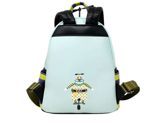 Light blue backpack with The NIghtmare Before Christmas Clown on unicycle design on a white background