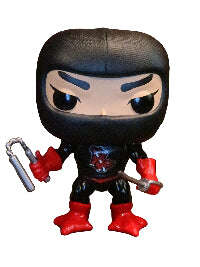 Ninjor figure holding num-chuks in one hand and a sword in the other on a white background