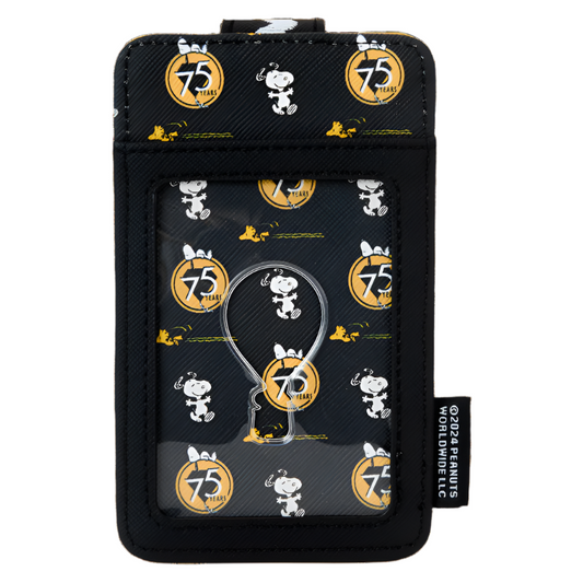 Cardholder wallet with Snoopy design and '75 years' logo on a white background