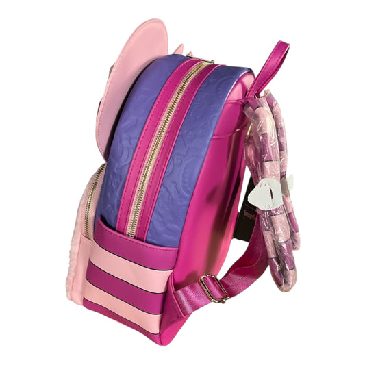 Pink and purple backpack with a striped design on a white background