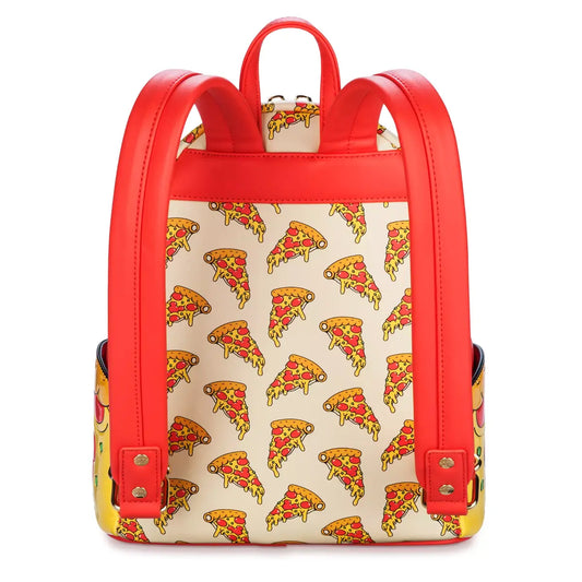 Backpack with pizza slice pattern on a white background