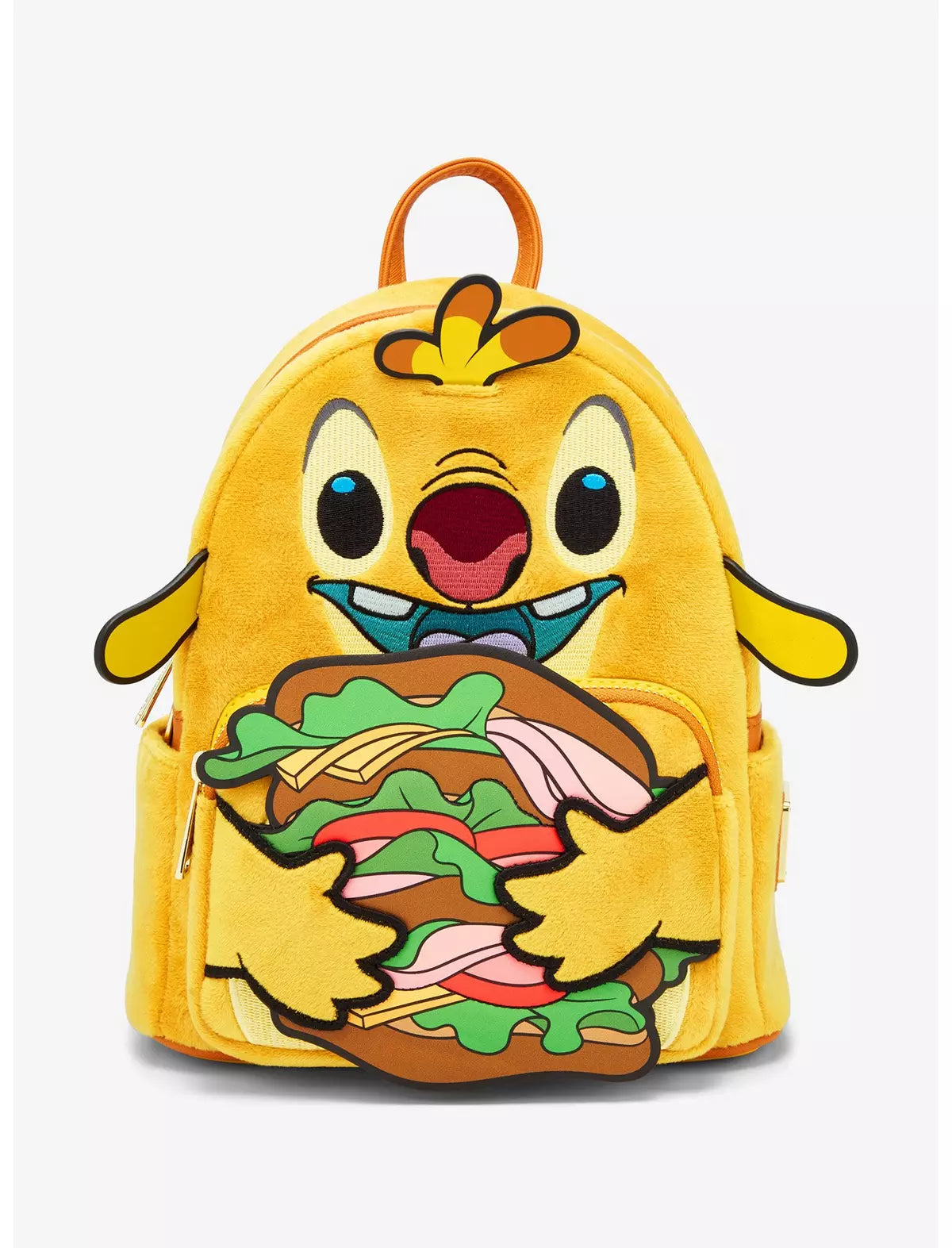 Yellow backpack with Reuben character design on a white background