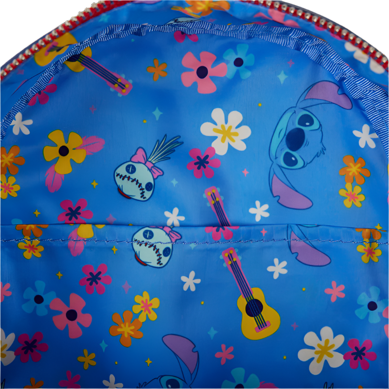 Blue bag with Stitch-themed designs and colorful flowers on a blue background