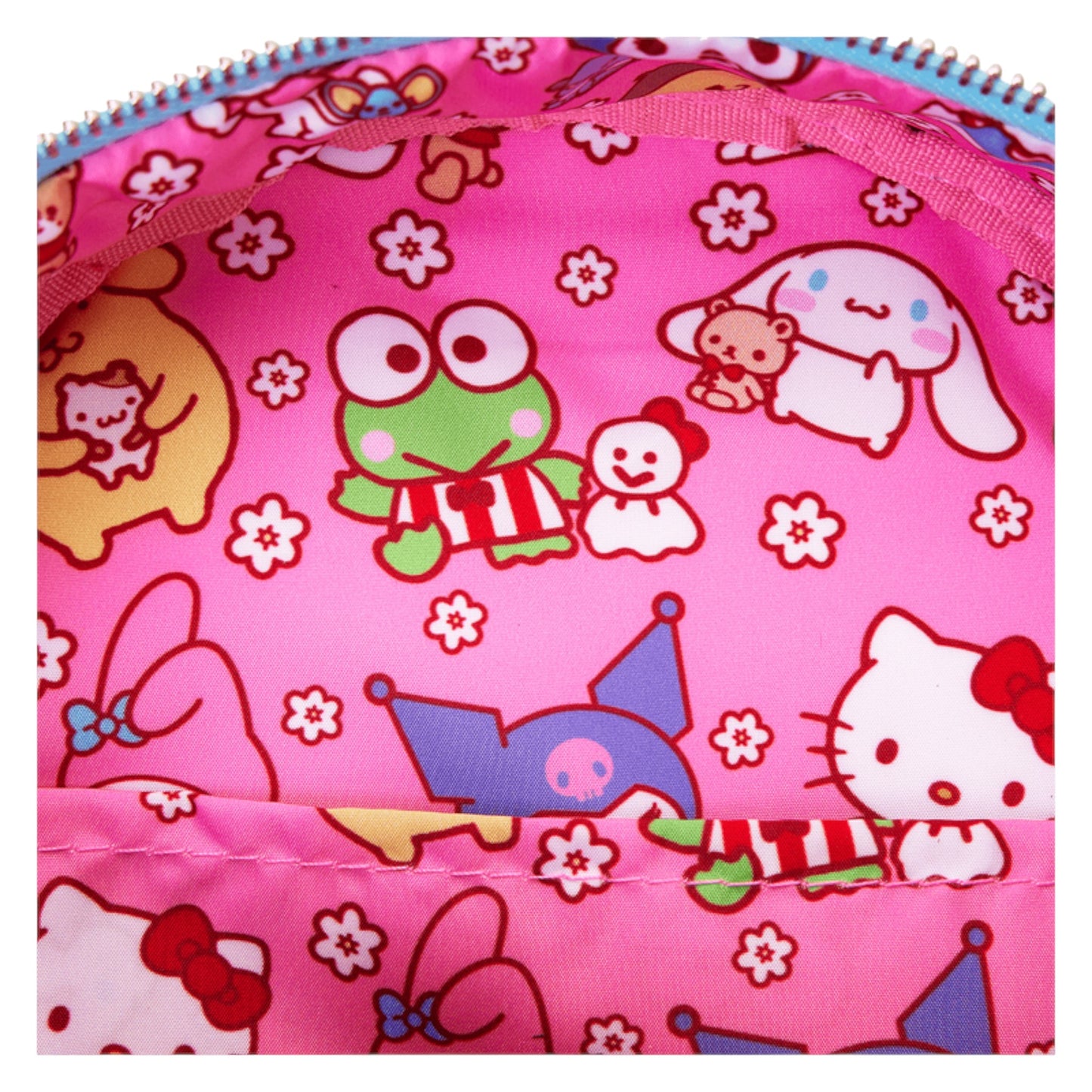 Pink bag with hello Kitty character patterns on a white background