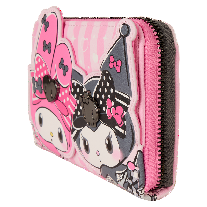 Pink wallet with Sanrio Kuromi and My Melody characters and bows on a white background