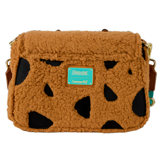 Brown textured bag with black patches and a visible brand label on a white background