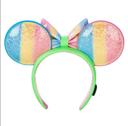 Colorful glittery ears on a headband with a green band against a white background