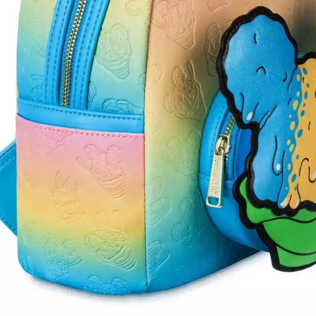Colorful mini backpack with Mickey Mouse shaped shaved ice design on a white background
