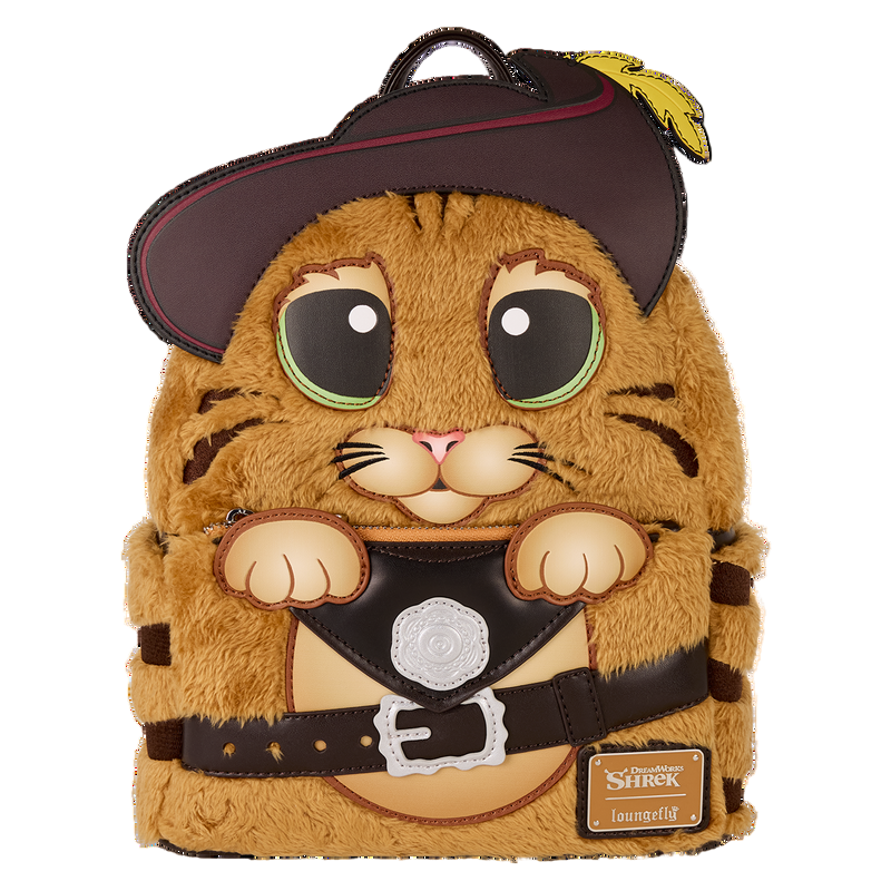 Plush Puss in Boots backpack shaped like Puss in Boots in a pirate costume with a Shrek logo.