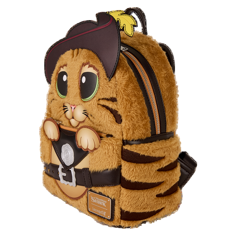 Plush Puss in Boots backpack with Puss in Boots design wearing a pirate hat on a white background