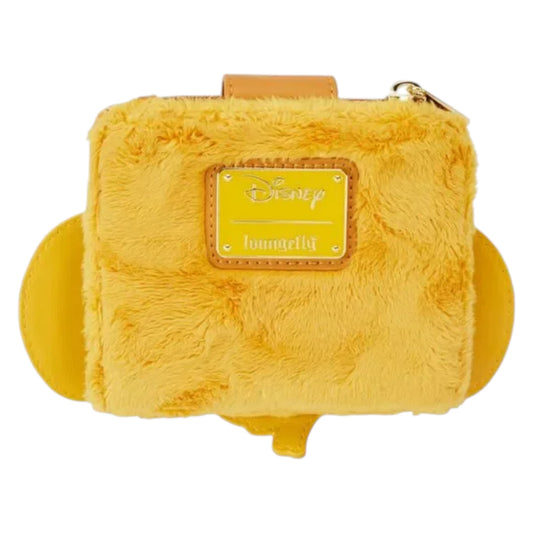 Yellow fluffy wallet with a Disney logo on a white background