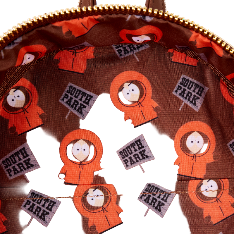 Inside view South Park Kenny Cosplay Mini Backpack with kenny character and sign pattern on a white background
