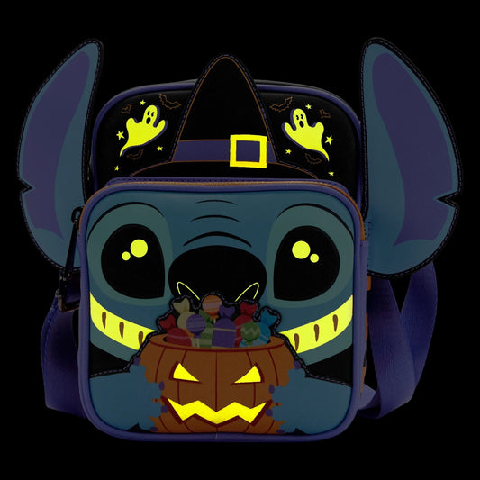 Halloween-themed backpack with Lilo and Stitch Glow Halloween Candy character design glowing on a black background