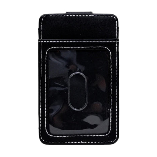 A black faux leather card holder wallet with white contrast stitching and a glossy clear ID window in the center.