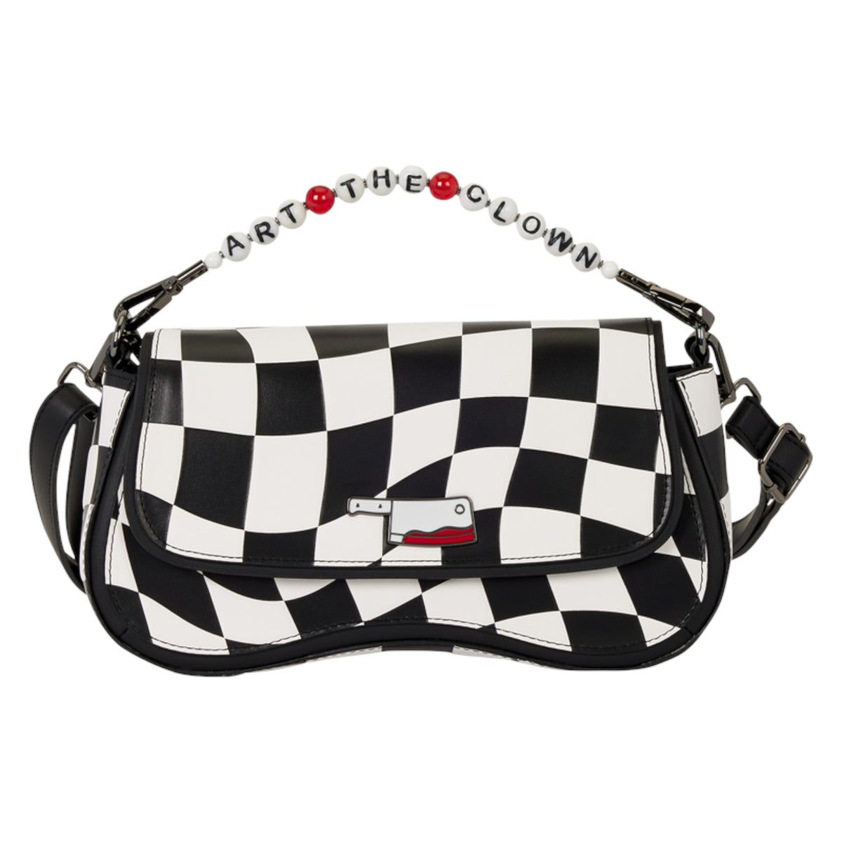 A black and white checkered shoulder bag with a beaded strap spelling 'ART THE CLOWN' and a small clown-shaped metal clasp on the front flap.