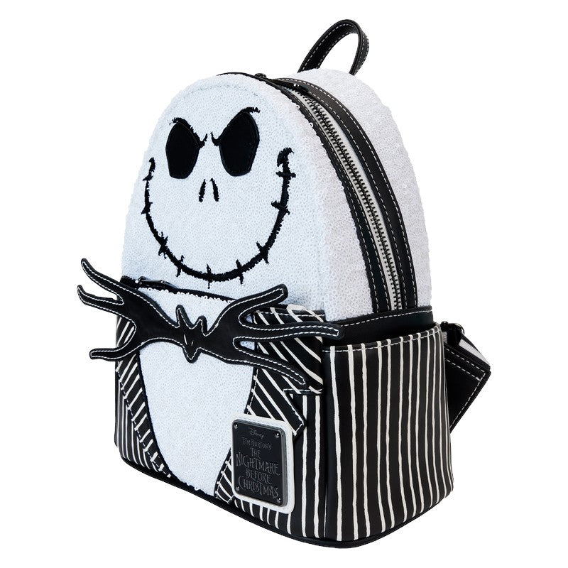 Mini backpack with Jack Skellington Sequin design and black and white striped pattern on a white background