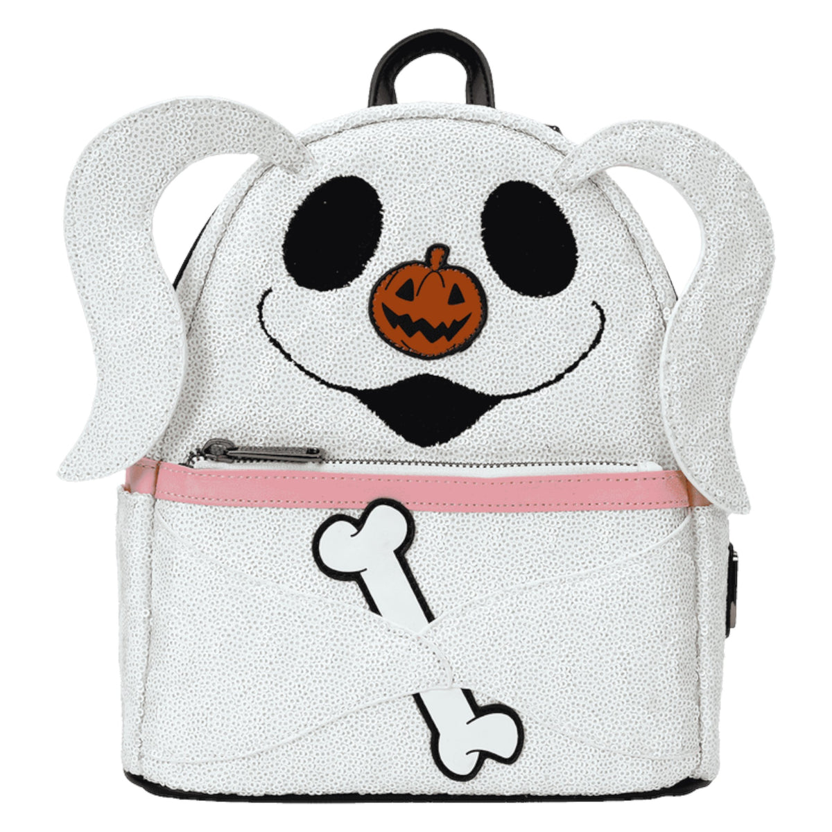 White Zero Sequin backpack with design on a white background