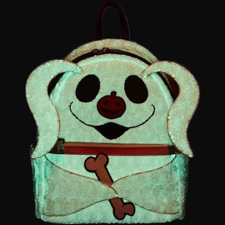 Backpack with glowing Zero Sequin design on a black background