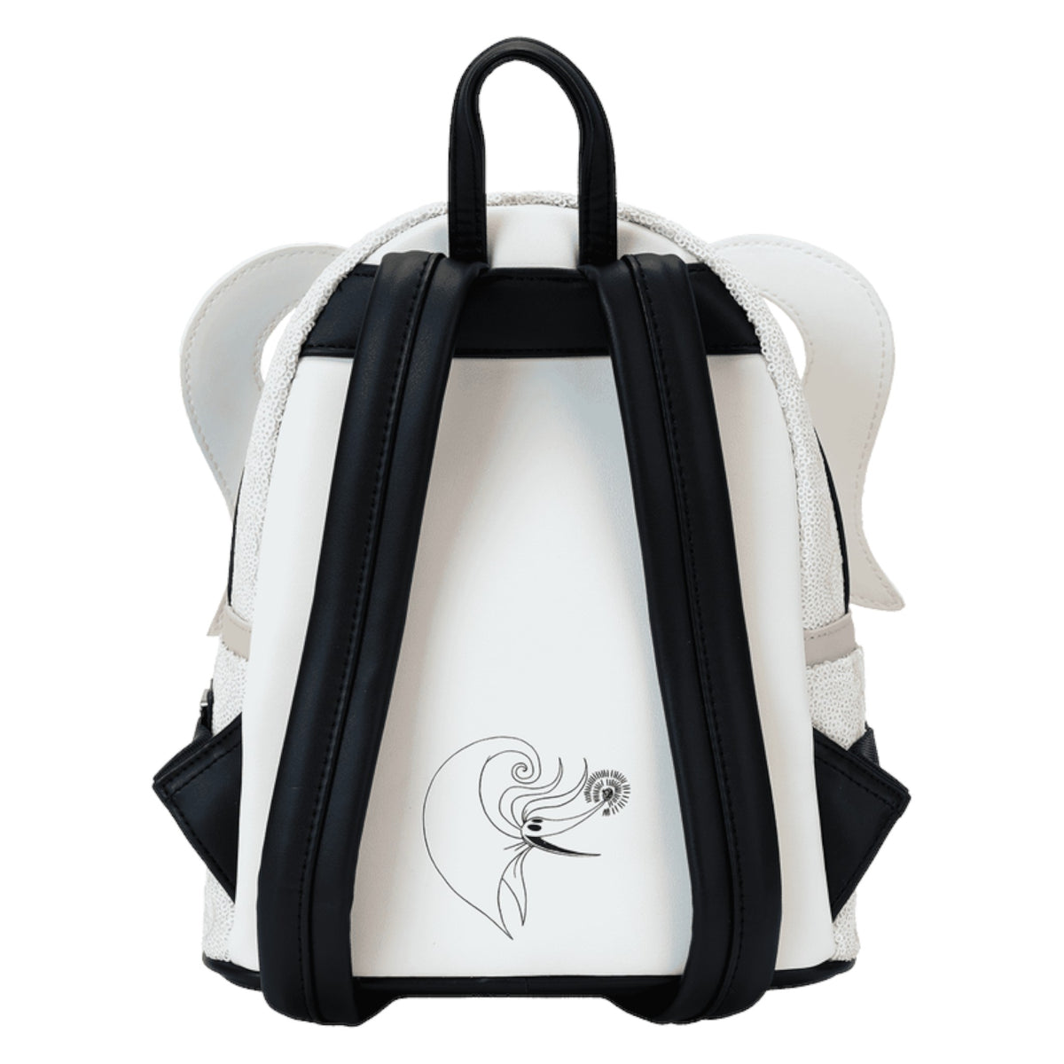 White backpack with black straps and a zero design on a white background