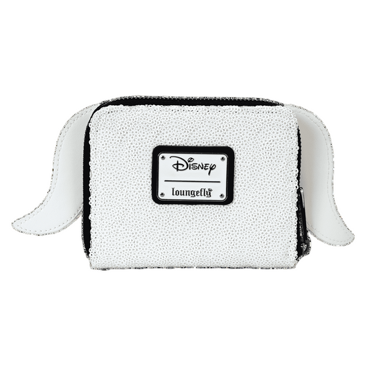 White sequin wallet with black trim and Disney Loungefly logo on a white background
