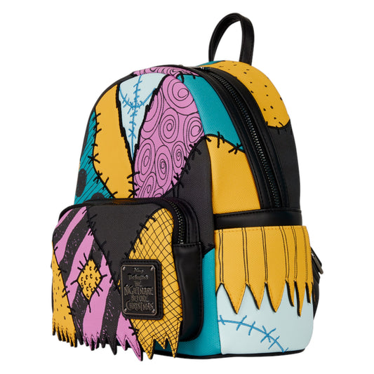 Colorful Loungefly Disney The Nightmare Before Christmas Sally Cosplay Mini Backpack with Sally's dress patterned design on a white background