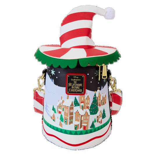 Back NBC Christmas Town Carousel crossbody bag with a festive design and hat on a white background
