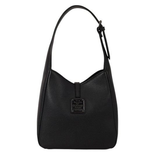 A black pebbled leather hobo shoulder bag with a single strap and a small black metal brand plaque on the front, shown against a plain white background.