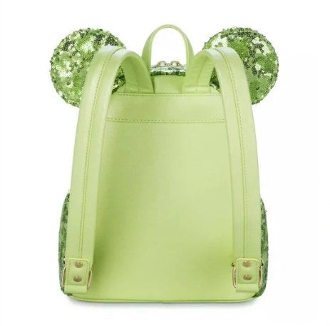Green backpack with sequin ears on a white background