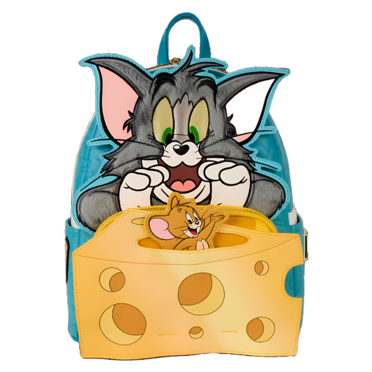 Backpack with Tom and Jerry, with Jerry popping out of a cheese wedge on a white background