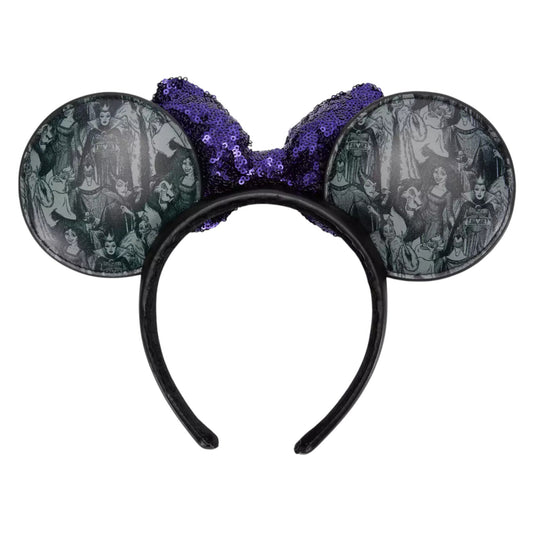 Mouse ears headband with purple bow and black and white villain character design on a white background