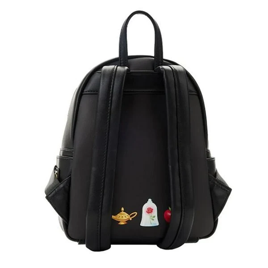 Black backpack with a genie lamp, glass covered rose, and apple on a white background