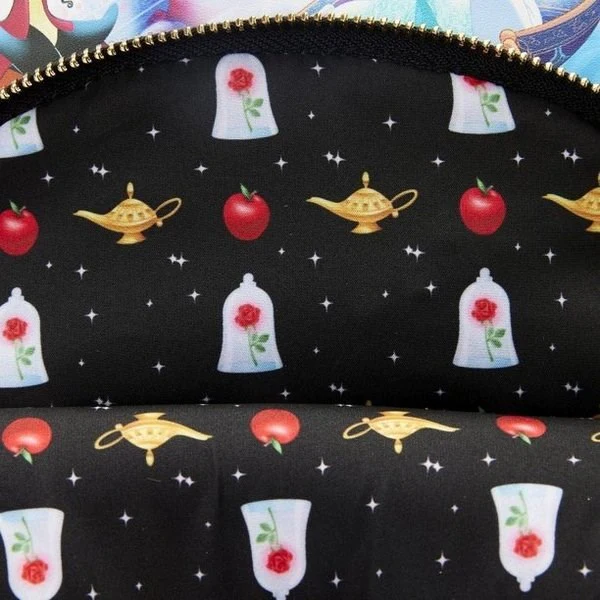 Patterned fabric with Aladdin genie lamp, Evil Queen's apple, and Beast's rose design on a black background.