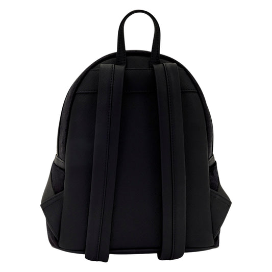 Back of Loungefly Peter Pan Tinker Bell Pixie Dust Velvet Mini Backpack with black straps on a white background
